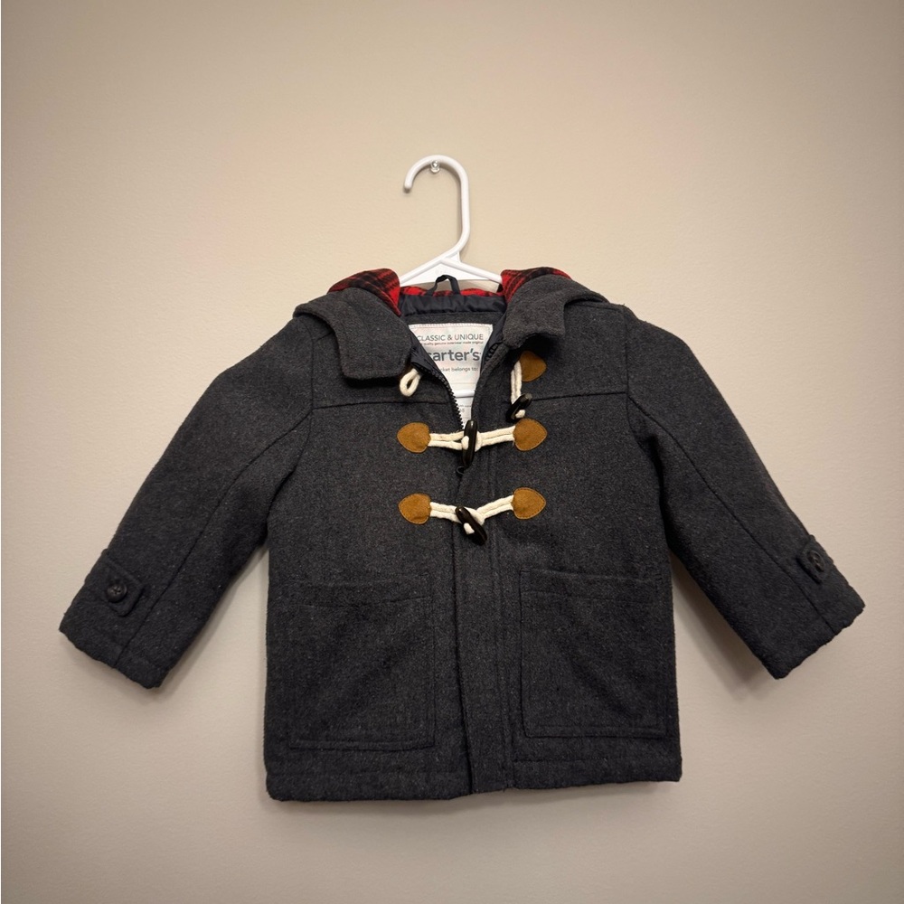 Carter's Charcoal Toggle Pea Coat Red Plaid Hood 3% Wool Blend Size 3T